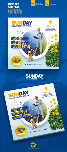 two banners for solar energy systems with a man and his dog