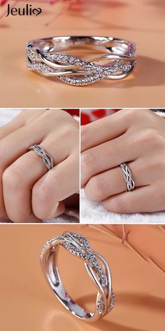 three different views of wedding rings with diamonds on top and bottom, one in white gold