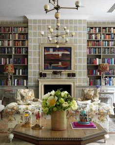 a living room filled with furniture and a fire place in front of a book shelf