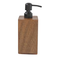 a wooden soap dispenser with a black pump on it's side