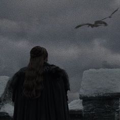 a woman with long hair standing in front of snow covered rooftops and seagulls flying overhead