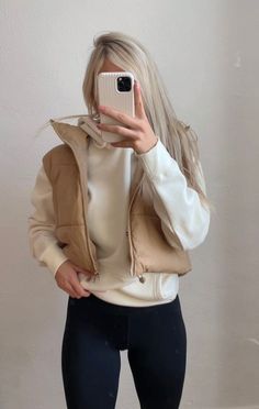 Tan Puffer Vest, Everyday Outfits Fall, Puffer Vest Outfit, Women Leather Jacket, Vest Outfits For Women, Collection Ideas, Winter 22, Cold Outfits, Cute Everyday Outfits