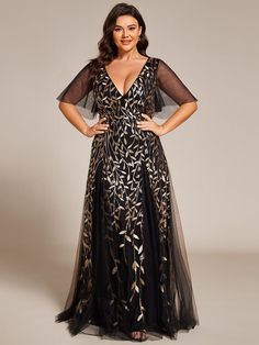 Formal Dinner Attire, Evening Dress With Sleeves, Leave Design, Ruffles Sleeves, Evening Gowns With Sleeves, Poppy Dress, Plus Size Gowns, Sequin Formal Dress, Evening Dresses With Sleeves