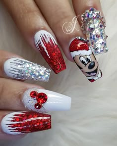 Disney Acrylic Nails, Red Christmas Nails, Nail Designs Glitter, Xmas Nails