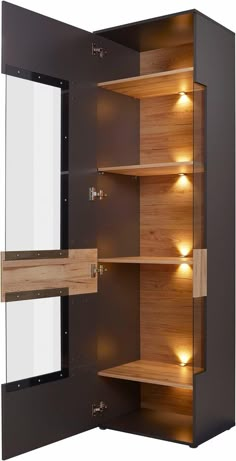 an open wooden cabinet with lights on the shelves and mirror in front of it that is lit up