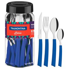 blue plastic utensils in a jar with matching forks and spoons next to each other