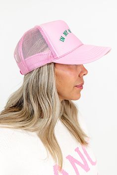 -Fun embroidered lettering " In My Mom Era " -Seamless foam front panel with breathable mesh backing -Adjustable snap closure Spring Sports Mesh Trucker Hat, Pink Sports Hats With Embroidered Logo, Pink Adjustable Hat With Letter Embroidery, Pink Embroidered Snapback Baseball Cap, Pink Adjustable Baseball Cap With Letter Embroidery, Pink Trucker Hat With Embroidered Logo, Pink Hat With Letter Embroidery And Curved Brim, Pink Cap With Letter Embroidery, Pink Letter Print Snapback Hat With Curved Bill