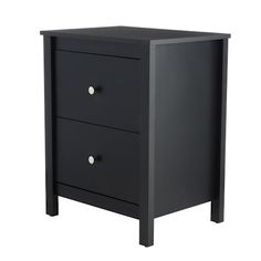 a black night stand with two drawers on one side and an open drawer on the other