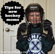 a young boy wearing a hockey helmet and holding his hands up to his face with the words tips for new hockey moms