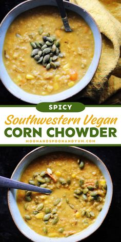 Nothing beats a warm dinner idea like Spicy Southwestern Vegan Corn Chowder with Quinoa, Potatoes + Red Lentils! This healthy, protein packed soup is gluten free, vegan, and loaded with quinoa, potatoes, red lentils, and veggies. Try it today for the best comfort food recipe! Protein Packed Soup, Vegetarian Chowder, Vegan Lentil Soup, Red Lentils, Vegan Comfort Food, Best Comfort Food, Corn Chowder, Coconut Curry