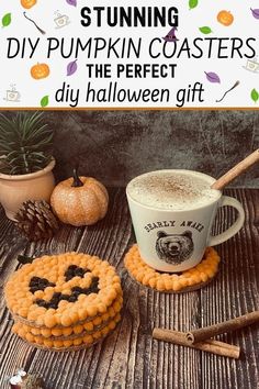 an image of pumpkin coasters with the words diy pumpkin coasters