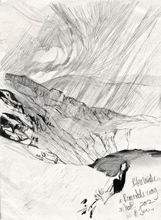 a drawing of a person walking in the snow with an umbrella over their head, and mountains behind them