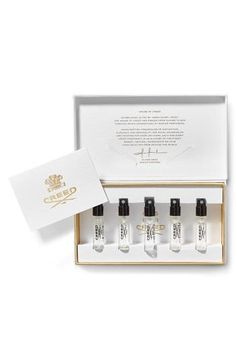 What it is: A set featuring five iconic fragrances in discovery sizes so you can experience the charm and elegance of Creed's scents.Set includes:- Travel-size Aventus Fragrance: a sophisticated fruity and rich scent with notes of bergamot, blackcurrant leaves, apple, pineapple, pinkberries, birch, patchouli, jasmine, sandalwood, oakmoss, ambergris and vanilla.- Travel-size Green Irish Tweed Fragrance: a classic scent with notes of lemon, verbena, peppermint, violet leaves, Florentine iris, sand Green Irish Tweed, Creed Perfume, Creed Fragrance, Irish Tweed, Indian Sandalwood, Mini Fragrance, Mens Inspiration, Silver Mountain, Fragrance Samples