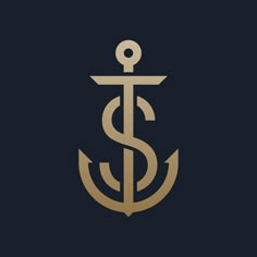 an anchor with a hook on it and the letter s in gold is against a black background