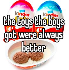 two eggs in a bowl with yogurt on top and the words, the toys the boys got were always better