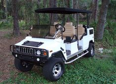 a white golf cart parked in the woods