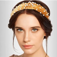 Trendy Gold And Pearl Headband- Clothed Gold Crushed Velvet Material Wrapped Around Black Fitted Headband And Topped With White Pearls- What More Can You Ask For Nwot Knot Hairband, Pearls Hair, Designer Headbands, Women Hair Accessories, Handmade Scrunchie, Yellow Pearl, Feminine Chic, Hair Hoop, Lace Headbands