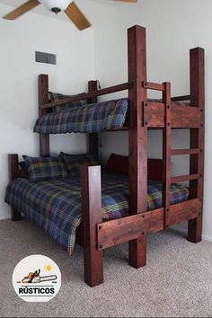 the bunk beds are made out of wood and have plaid sheets on them, but no mattresses