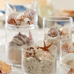 seashells and starfish in small glass containers on a white tableclothed surface