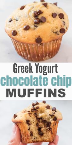 a hand holding a chocolate chip muffin in front of the camera and text overlay reads, greek yogurt chocolate chip muffins