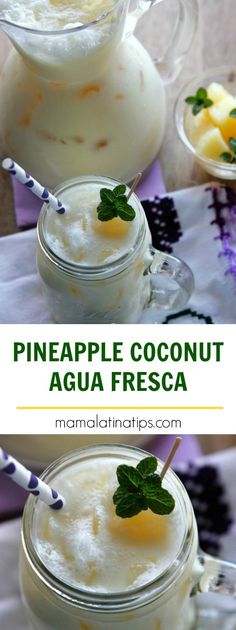 two glasses filled with pineapple coconut agua fresca