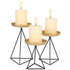 PRICES MAY VARY. Geometric Candle Holders for Pillar Candles, Set of 3 【Metal Candle Holders for Multi-Occasion Decor】3 Pcs matte metal candle stands are perfectly suitable for wedding, birthday, party to create a romantic atmosphere. They are exquisite work of art, used as decoration for the dining room, living room, mantelpiece etc. 【Perfect Size Fit for Pillar Candles】The base diameter of three are 4.7", 4.1", 3.4" respectively, the heights of triangular stands are 7.5", 5.9", and 5" respecti Boho Candle Holders, Metal Candle Stand, Gold Candlestick Holders, Three Candle Holder, Geometric Candle, Geometric Candle Holder, Battery Powered Candles, Boho Candle, Geometric Candles