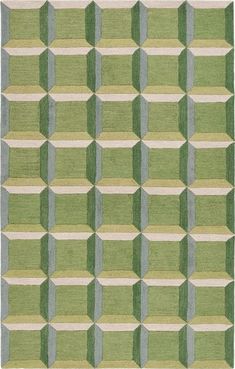 an area rug with green and white stripes on it, in the shape of cubes