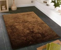 a bathroom with a brown rug on the floor