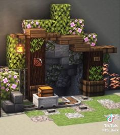 an image of a minecraft house made out of wood and rocks with purple flowers on the roof