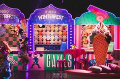 an ice cream shop decorated with colorful lights and decorations