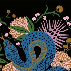 a blue snake surrounded by flowers on a black background