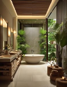 a bath room with a tub a sink and some plants on the wall next to it