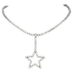 This Link Diamond Necklace was inspired with Elegance and Celebration in mind. With a large center star, It is crafted in 18K White Gold.  This Dazzling piece is All-occasion wear, its total necklace length without its drop is 16.5 inches and its pendant measures 2.5" long x 35 mm width. It is simply a Continuous Diamond Pattern from end to end. With 137 Smal diamonds & 3 Large Diamonds, Round Cut, Beel Set, The Total Diamond weight is approximate 8.65 carats  and is G-H color and VS clarity, Me Elegant Star-shaped Evening Jewelry, Formal Sparkling Star-shaped Jewelry, Luxury Star-shaped Party Jewelry, Elegant Star-shaped Formal Necklace, Elegant Star Necklace For Formal Occasions, Elegant Star Shaped Formal Necklace, Silver Star-shaped Necklace For Formal Occasions, Silver Star Necklace For Formal Occasions, Star-shaped Diamond Accented Necklace For Formal Occasions