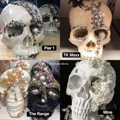 four different types of skulls with jewels on them