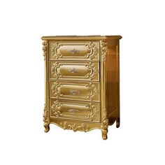 an ornately decorated gold chest of drawers with four drawers and one door on each side