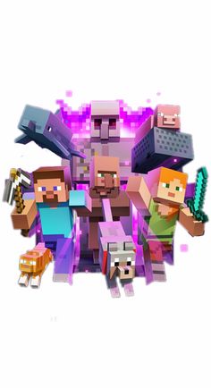 an image of some people in minecraft with purple and pink lights behind them on a white background