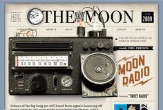 an old fashioned radio is featured on the cover of the moon magazine, with music memorabilia