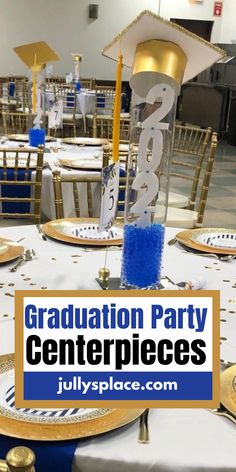 graduation party centerpieces High School Grad Party Centerpieces, Graduation Dinner Centerpiece Ideas, Graduation Tablescape Ideas, Center Piece For Graduation Tables, Graduation Craft Ideas High School, Graduation Center Peice, Graduation Decoration Table Ideas, Graduation Banquet Ideas, Centerpieces For Boys Graduation Party