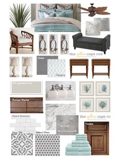 a collage of furniture and decor in shades of blue, gray, white, and gold