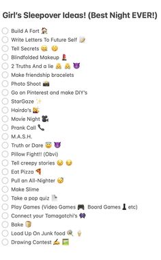 Are you ready to spill secrets, have pillow fights and gossip all nightlong? Well, you better be, because if you use this list, you're going to have the most thrilling night of your life! Sleepover Ideas Never Have I Ever, Things To Do When Bored At A Sleepover At Night, Things To Do At Night With A Friend, Things To Do At A Sleepover In The Morning, Fun Things To Do At A Slumber Party, Things To Do With Your Best Friend At Night, Fun Games Sleepover, What To Do On A Sleepover At Night, What To Do When You Have A Sleepover