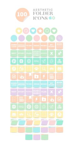 a poster with different types of icons in pastel colors and white text that reads 100 aesthetic folder icons