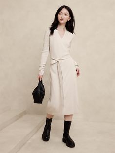 Wrap Midi Sweater Dress | Banana Republic Factory Classic Fall Style, Fall Dresses For Women, Dresses For Women Over 40, Dress And Sneakers Outfit, Fall Workwear, Wrap Sweater Dress, Midi Sweater Dress, Denim Essentials, Fall Wardrobe Essentials