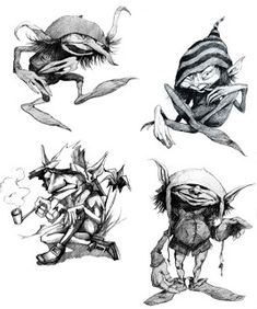 four different cartoon characters are depicted in black and white ink on paper, each with an individual's own character