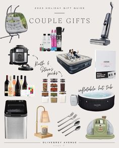 the contents of a holiday gift guide are shown in this graphic style, including an air mattress, wine bottle, and other items