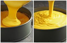 two pictures of yellow sauce being poured into a pan