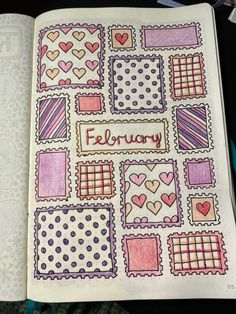 an open notebook with doodles and hearts on the pages that spell out february in pink, purple, and blue