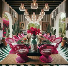 the dining room is decorated in pink and green