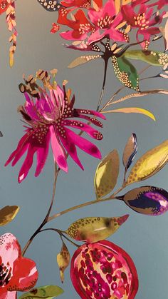 an artistic painting of flowers and leaves on a blue sky background, with one large pink flower in the foreground