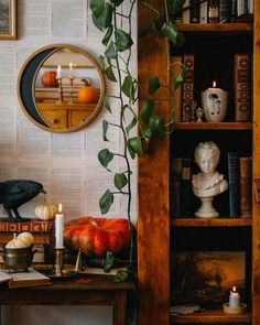 a living room with bookshelves, plants and candles on the table in front of it