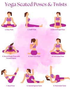 a woman doing yoga poses and twists with the instructions for how to do it in different positions